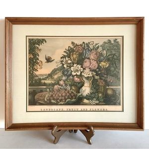 VINTAGE FRAMED CURRIER AND IVES "LANSCAPE, FRUIT AND FLOWERS" JUNE CALENDAR